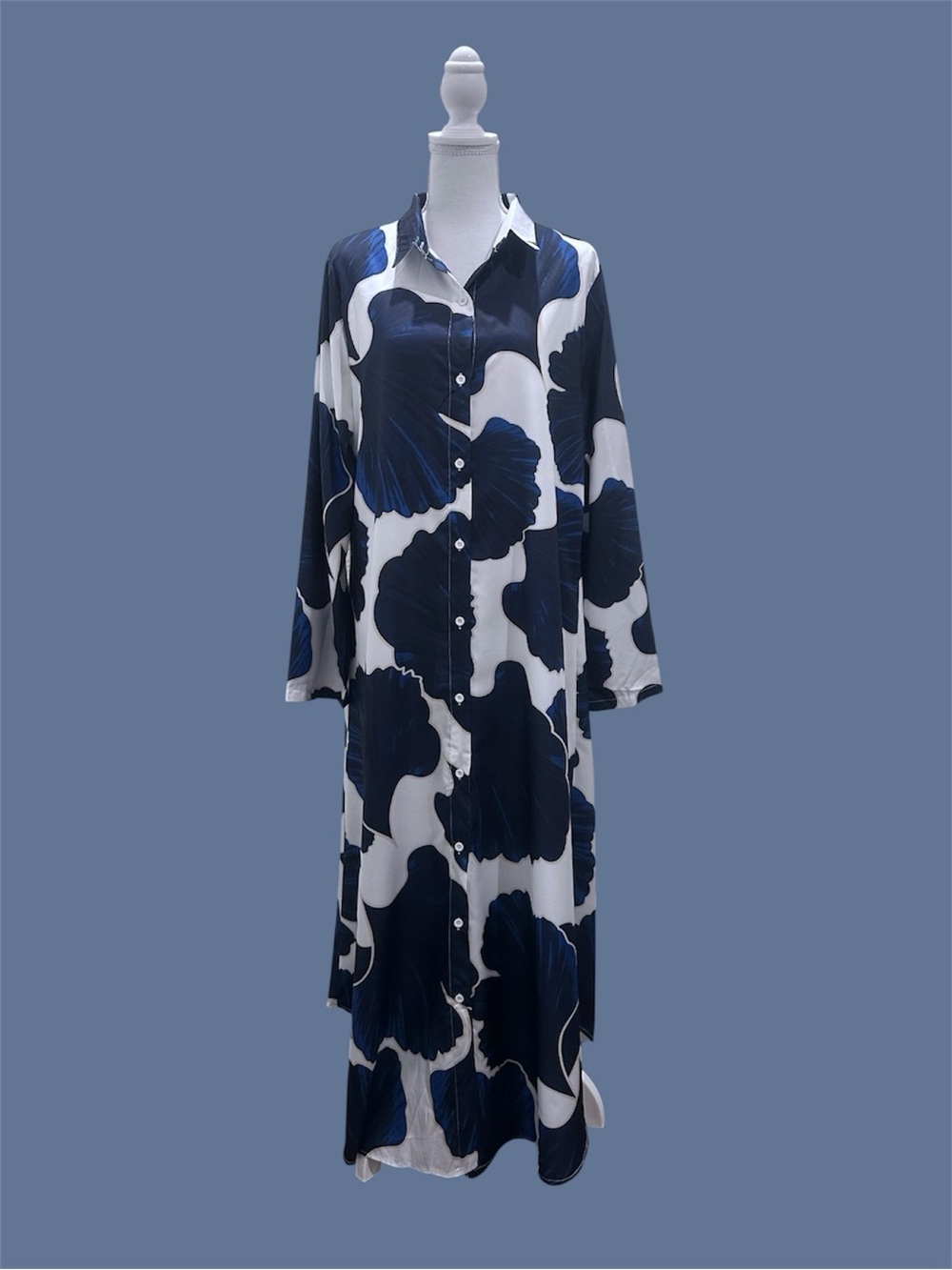 Navy & White Ginkgo Leaf Maxi Shirt Dress - Size S